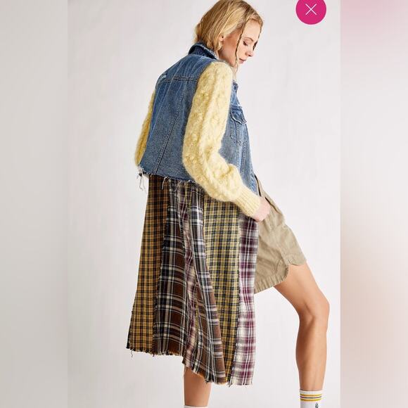 Free People Midi Dress Medium One Of A Kind Denim Mixtape Vest Plaid Front Slit - Picture 1 of 8